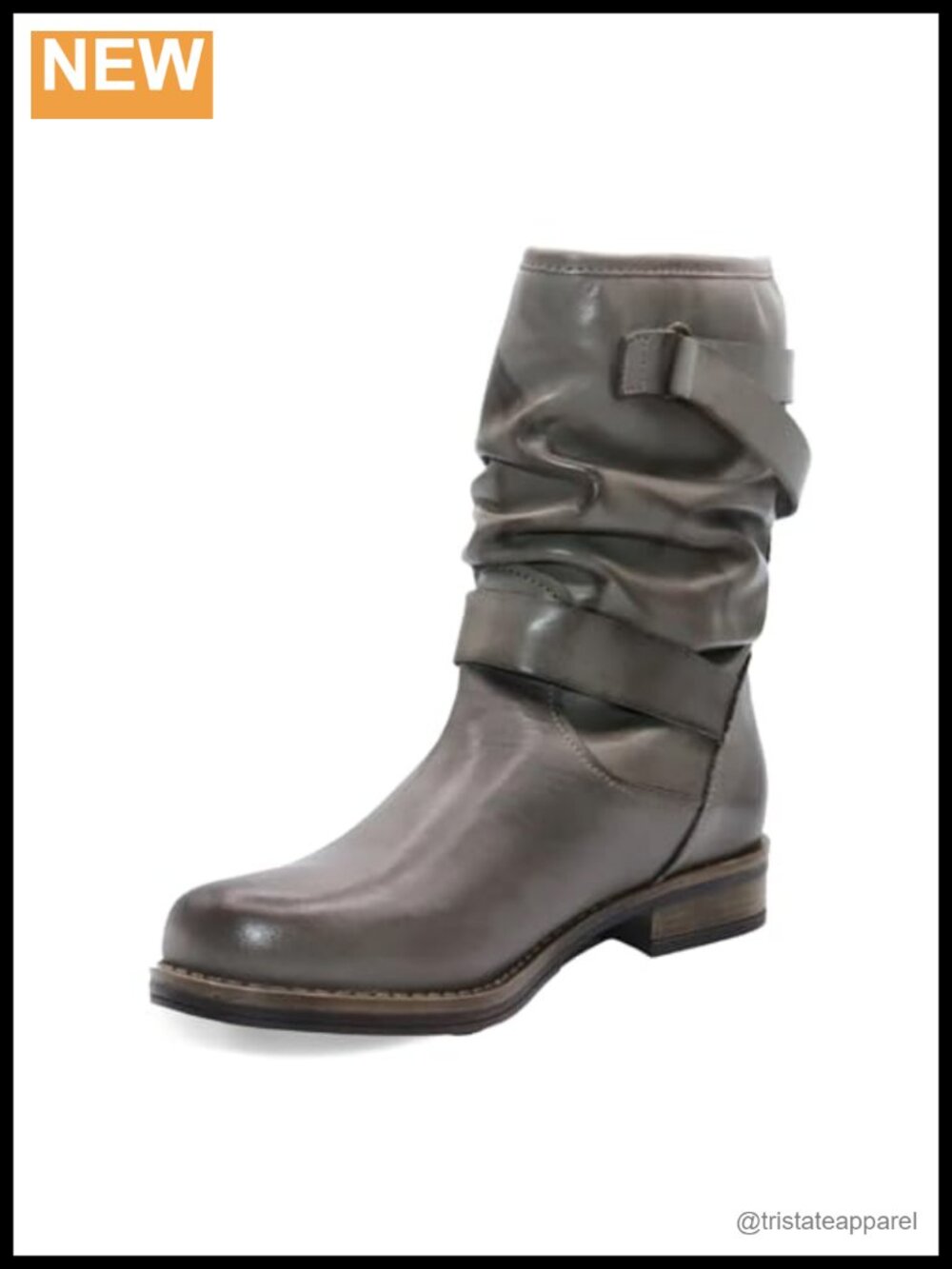 Moto Leather Ankle Bootie Slouchy Harness Straps Stacked Heel